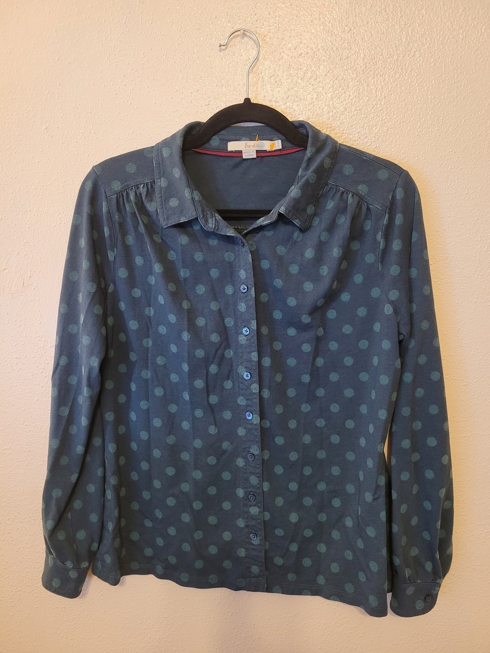 Boden Blue Polka Dot Jersey Button Front Shirt Blouse US 10 UK 14